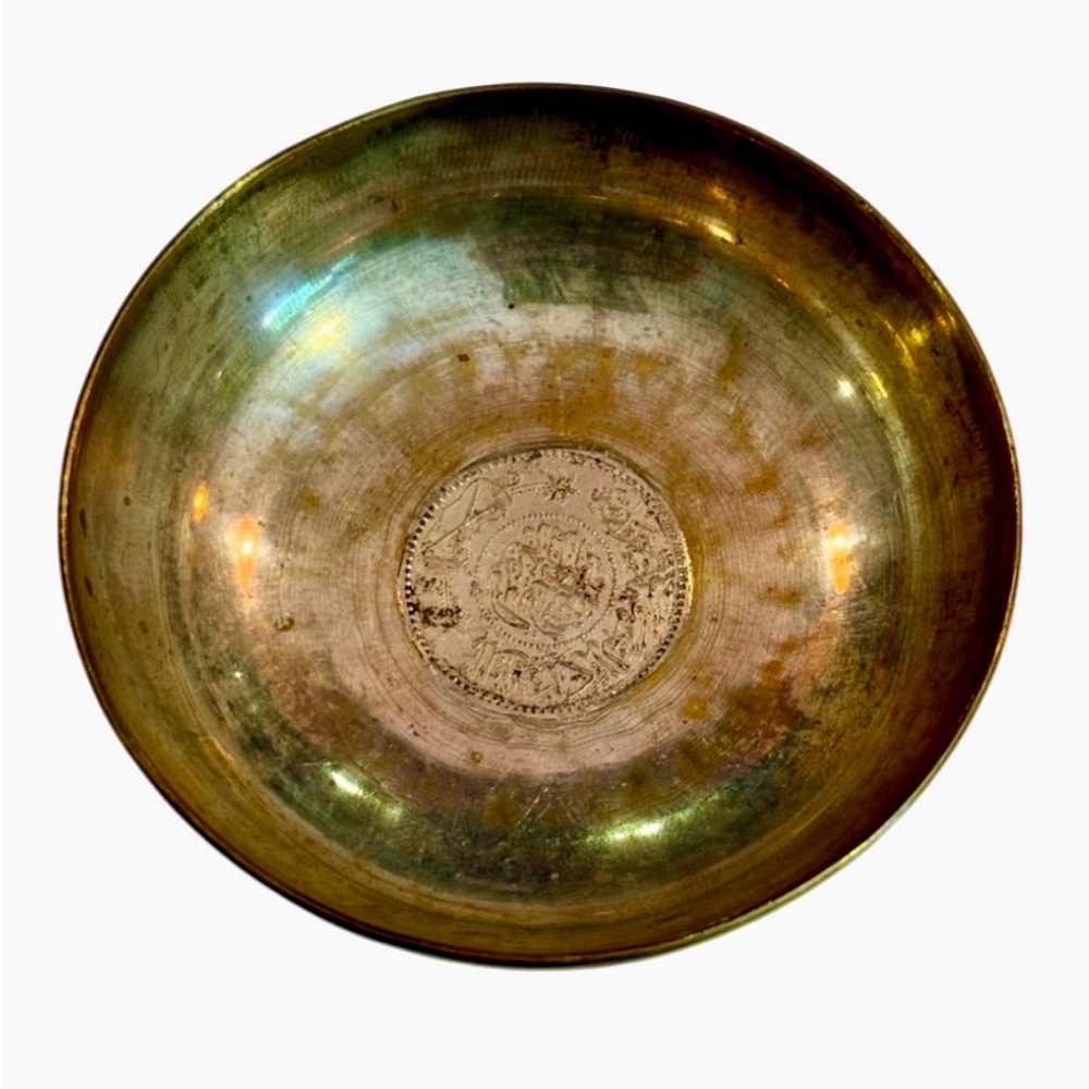 Antique Ottoman Empire 20 Kurus .830 Silver Coin Silver Plated Brass Bowl /Dish